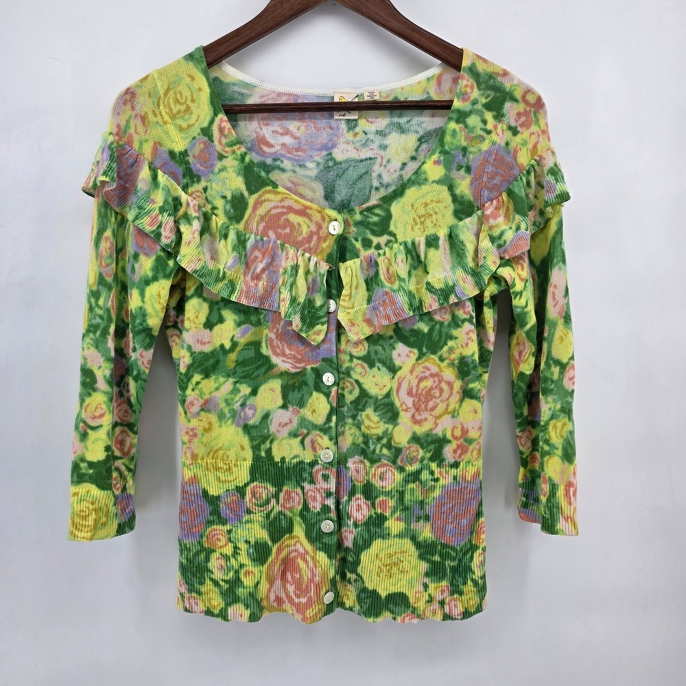 Anthropologie Sparrow Floral Ruffle Cardigan Green Yellow Small Button Front Top